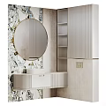 Modern Bathroom With Round Mirror Marble Wall And White Vanity Cabinet