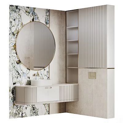 Modern Bathroom With Round Mirror Marble Wall And White Vanity Cabinet 3d model