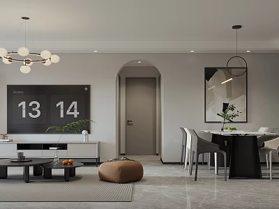 Modern Living And Dining Room Interior With Multi Bulb Chandelier TV Wall And Arched Doorway 3d model