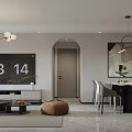 Modern Living And Dining Room Interior With Multi Bulb Chandelier TV Wall And Arched Doorway
