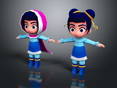 Two Cartoon Characters With Pink White Hood And Twin Buns In Blue Outfit With Reflection 3d model