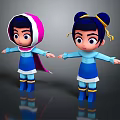 Two Cartoon Characters With Pink White Hood And Twin Buns In Blue Outfit With Reflection