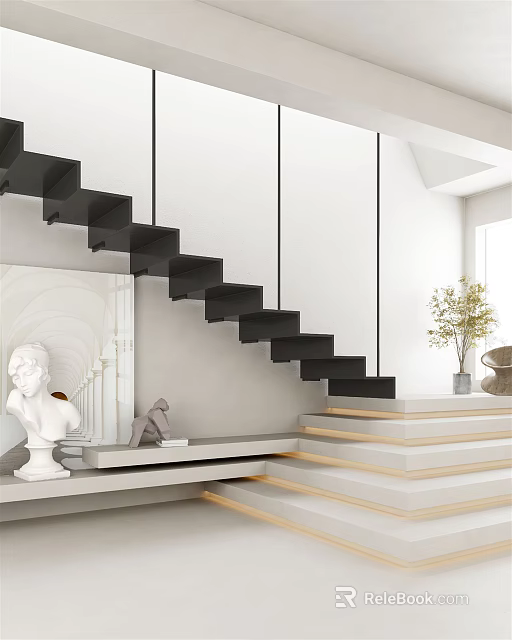 Modern Interior With Black Floating Staircase White Walls And Decorative Elements 3d model