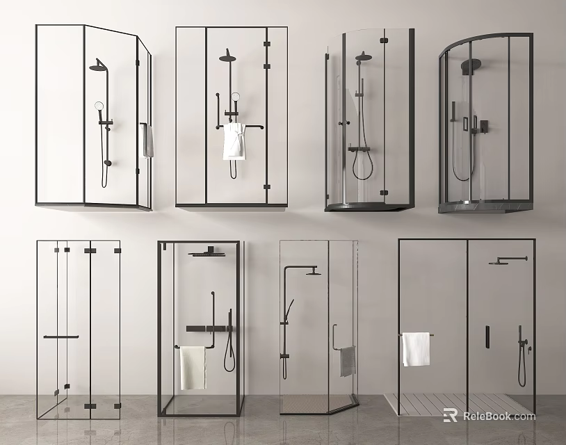 Modern Glass Shower Enclosure Designs with Various Shower Head Styles and Fixtures 3d model 