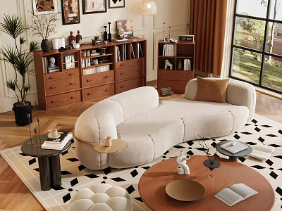 Living Room Featuring Beige Curved Sofa Wooden Bookshelf Round Coffee Table Black White Geometric Rug 3d model
