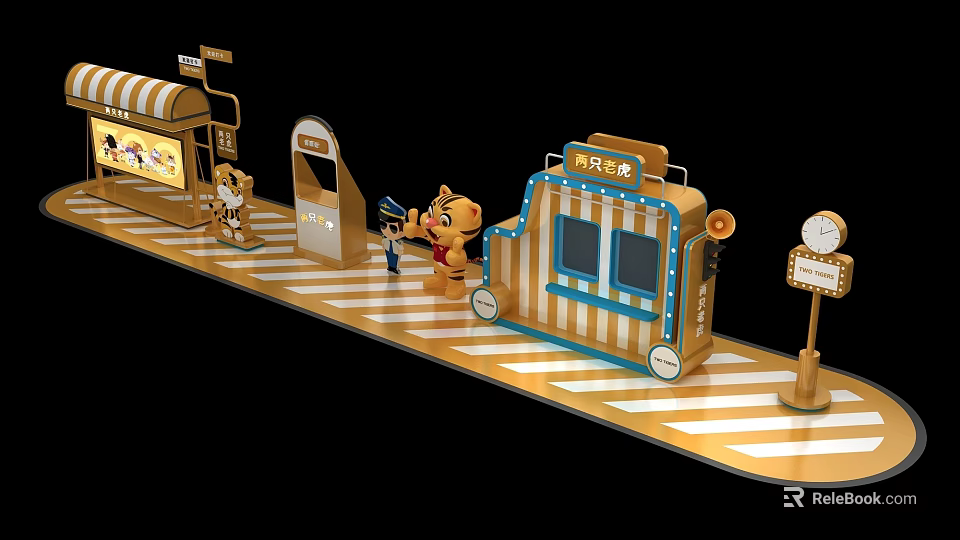 Cartoon Tiger Themed Check in Photo Spot With Striped Booth And Street Style Signs 3d model 