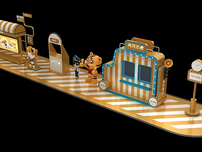 Cartoon Tiger Themed Check in Photo Spot With Striped Booth And Street Style Signs 3d model