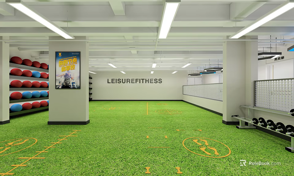 Leisure Fitness Gym With Green Turf Floor Yellow Training Markings And Fun Fitness Poster 3d model 