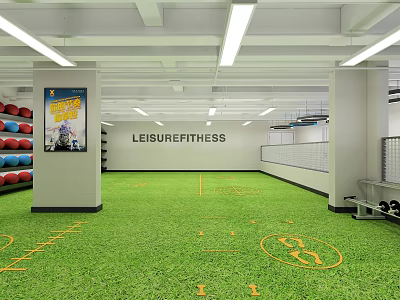 Leisure Fitness Gym With Green Turf Floor Yellow Training Markings And Fun Fitness Poster 3d model