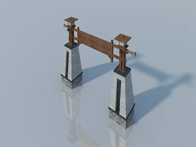Traditional Swing Door Design With Stone Pillars And Wooden Beam Structure 3d model
