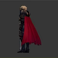 3D Rendered Knight In Black Armor With Red Cape And Blue Glow Sword Standing Upright