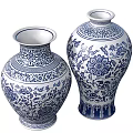 Blue and White Ceramic Vases With Traditional Floral Vine Patterns 3d model