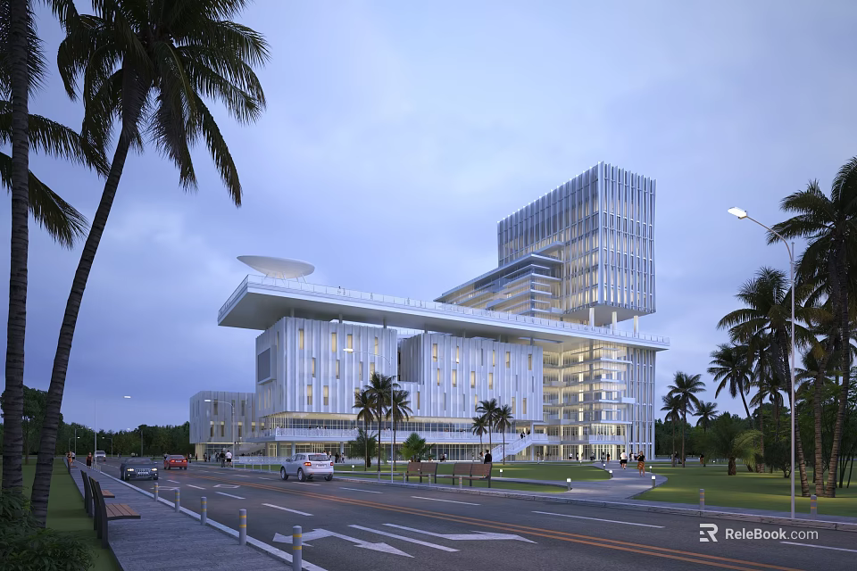 Modern Office Building With Glass Facade And Palm Trees Along City Street At Twilight 3d model 