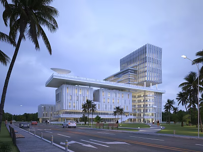 Modern Office Building With Glass Facade And Palm Trees Along City Street At Twilight 3d model