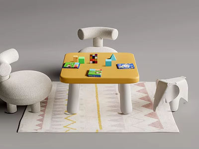 Yellow Kids Table With Colorful Blocks Books White Chairs Elephant Toy On Patterned Rug 3d model