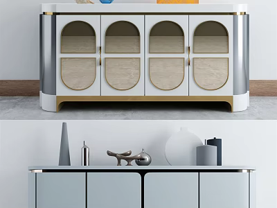 Modern TV Stand with Arched Glass Doors Golden Trim and Decorative Items on Top 3d model