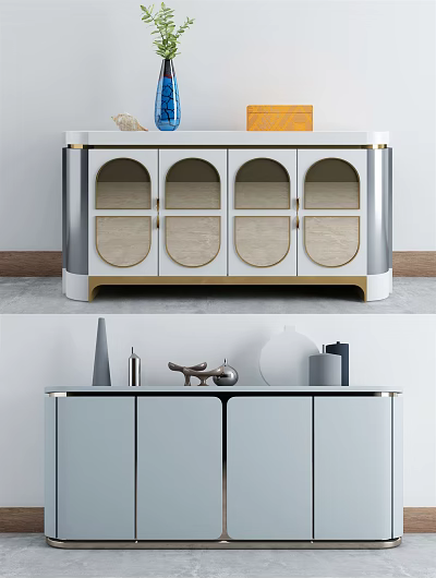 Modern TV Stand with Arched Glass Doors Golden Trim and Decorative Items on Top 3d model