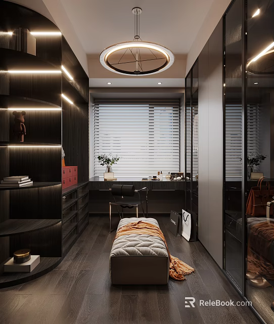 Modern Walk in Closet Interior Design With Dark Wood Cabinets Mirrored Doors And Dressing Bench 3d model 