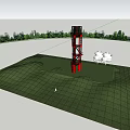 Red Spiral Observation Tower In Green Grassland With Trees And Open View
