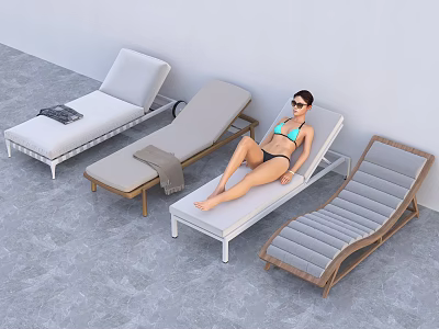 Four Modern Outdoor Sun Loungers With White Gray Brown Frames In Patio Setting 3d model