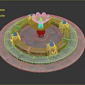 Lush Green Plants Around Circular Stone Fountain With Tiered Steps And Decorative Spheres