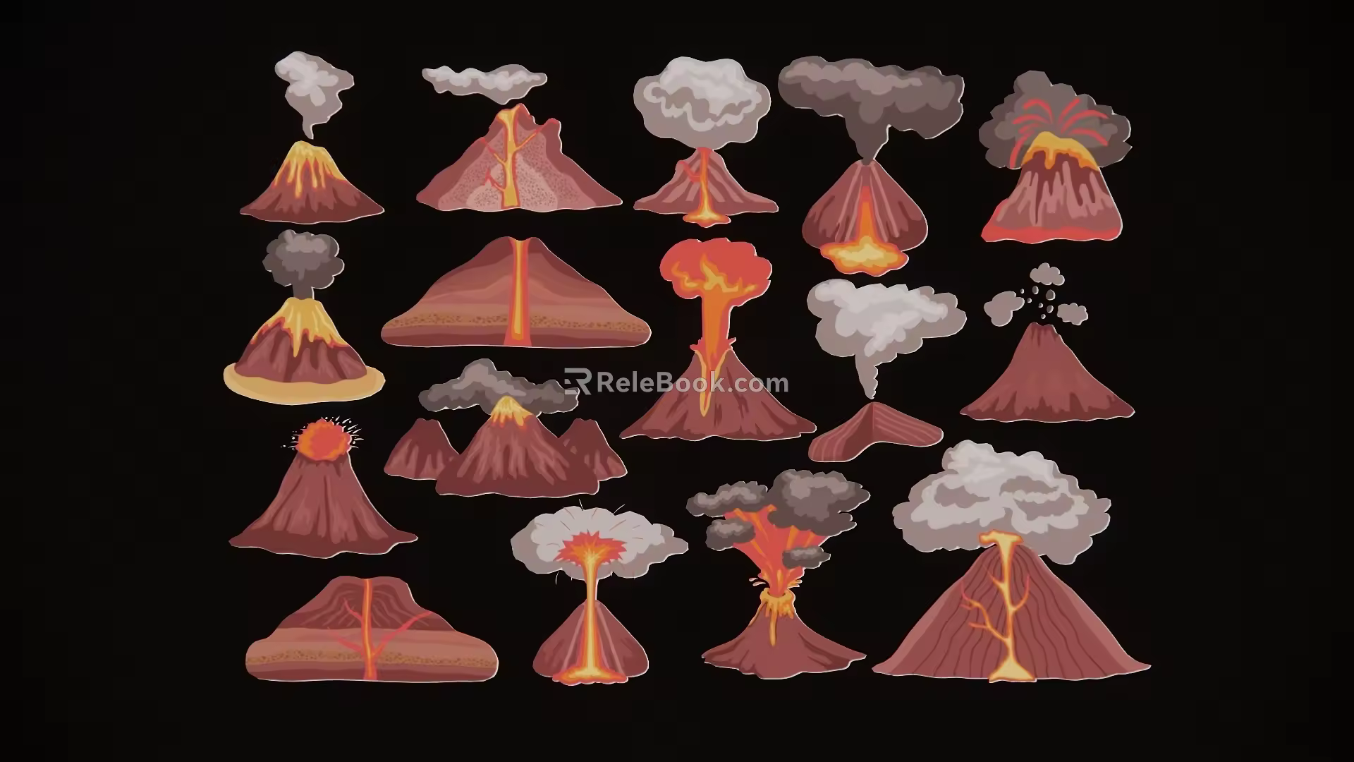 Modern 2D Volcanic Eruption Smoky Magma Scene Silhouette 3d model