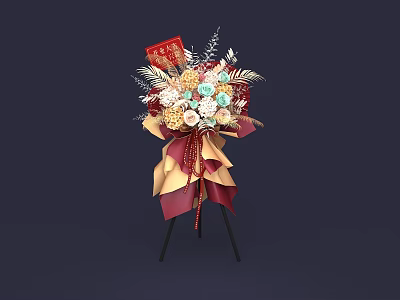 Beautiful Flower Bouquet with Red Envelopes Colorful Flowers and Maroon Beige Wrapping Paper on Tripod 3d model
