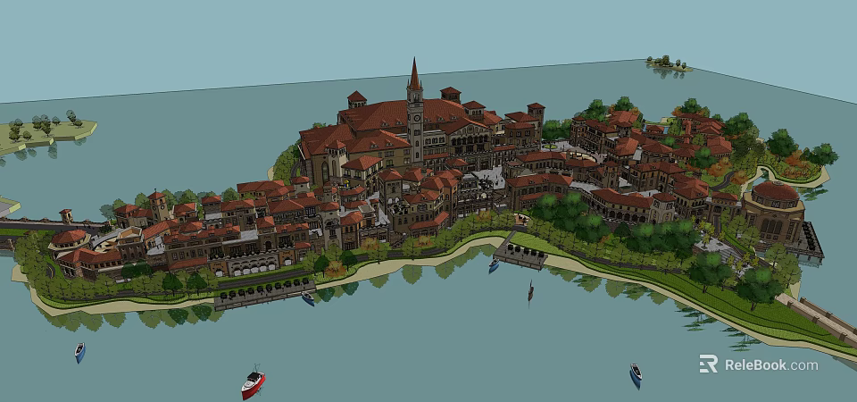 Waterfront Commercial Street with Red Roofed Buildings Tower and Scenic Landscape 3d model 