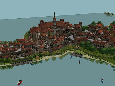 Waterfront Commercial Street with Red Roofed Buildings Tower and Scenic Landscape 3d model