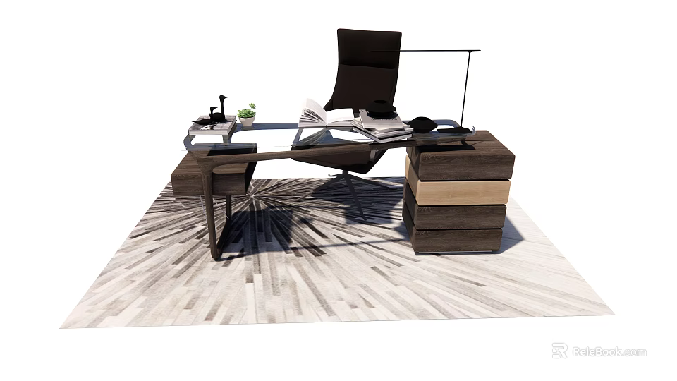 Modern Office Desk Setup With Black Chair Lamp Plant And Storage Cabinet 3d model 
