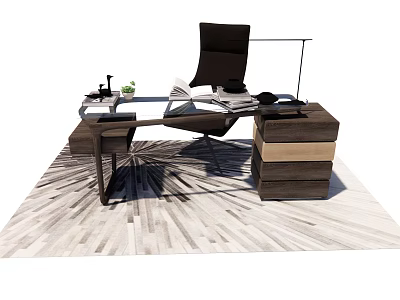 Modern Office Desk Setup With Black Chair Lamp Plant And Storage Cabinet 3d model