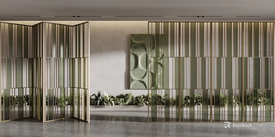 Elegant Modern Golden Metal Striped Glass Screen In Interior With Green Plants 3d model 
