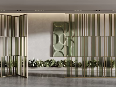 Elegant Modern Golden Metal Striped Glass Screen In Interior With Green Plants 3d model