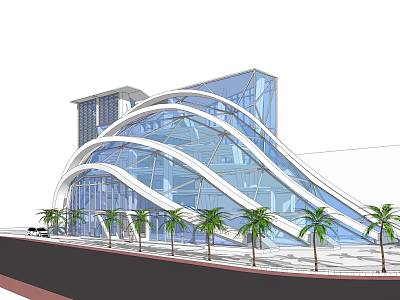 Modern Museum Building with Curved Glass Facade and Open Entrance Surrounded by Palm Trees 3d model