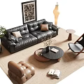 Modern Leather Sofa And Coffee Table Set With Pillows Floor Lamp And Decorative Painting