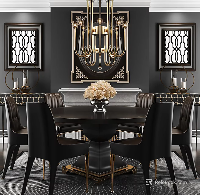 Elegant Restaurant Interior With Round Dining Table Black Chairs Gold Chandelier Fireplace And Decorative Frames 3d model 