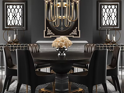 Elegant Restaurant Interior With Round Dining Table Black Chairs Gold Chandelier Fireplace And Decorative Frames 3d model