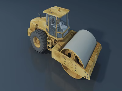 Yellow Heavy Duty Road Roller Construction Equipment With Cab And Large Roller Drum 3d model