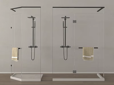 Modern Glass Shower Enclosures With Black Shower Heads And Hanging Towels 3d model
