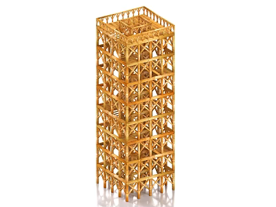 Golden Wooden Tower Architectural Model With Intricate Multi Level Structure Design 3d model
