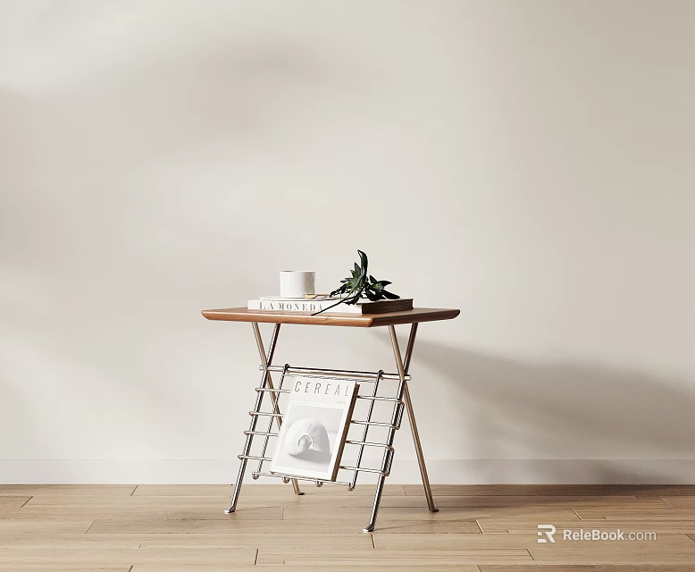 Stylish Wooden Top Side Table With Metal Legs And Lower Shelf For Living Room Decor 3d model 