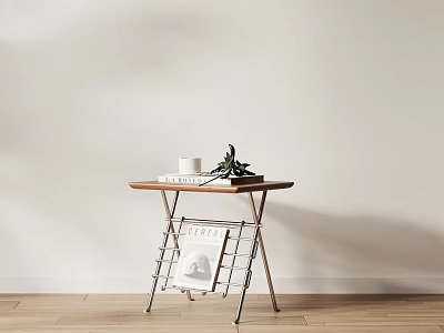 Stylish Wooden Top Side Table With Metal Legs And Lower Shelf For Living Room Decor 3d model