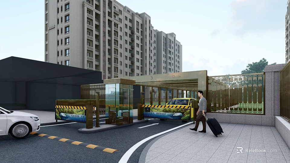 Modern Residential Community Entrance With Security Gate And Man Carrying Luggage 3d model 