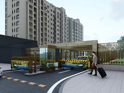 Modern Residential Community Entrance With Security Gate And Man Carrying Luggage 3d model