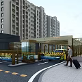 Modern Residential Community Entrance With Security Gate And Man Carrying Luggage