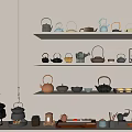 Assorted Tea Sets Collection Featuring Teapots and Teacups on Tiered Shelves