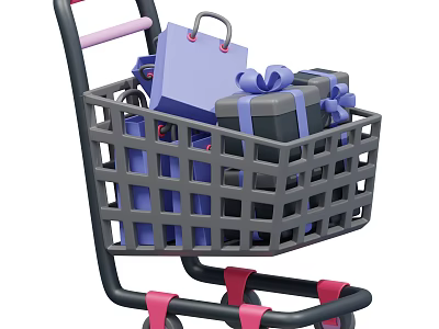 Shopping Cart Filled With Decorative Ornaments Set And Gift Boxes With Blue Ribbons 3d model