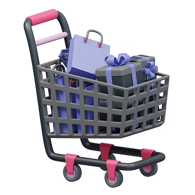 Shopping Cart Filled With Decorative Ornaments Set And Gift Boxes With Blue Ribbons 3d model
