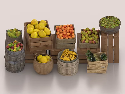 Fresh Colorful Fruits Neatly Arranged With Lemons Apples Bananas In Wooden Crates Barrels And Baskets 3d model