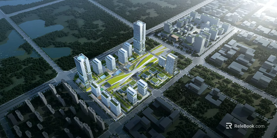 Modern Industrial Factory Complex With Multiple Buildings Green Space And Road Network 3d model 
